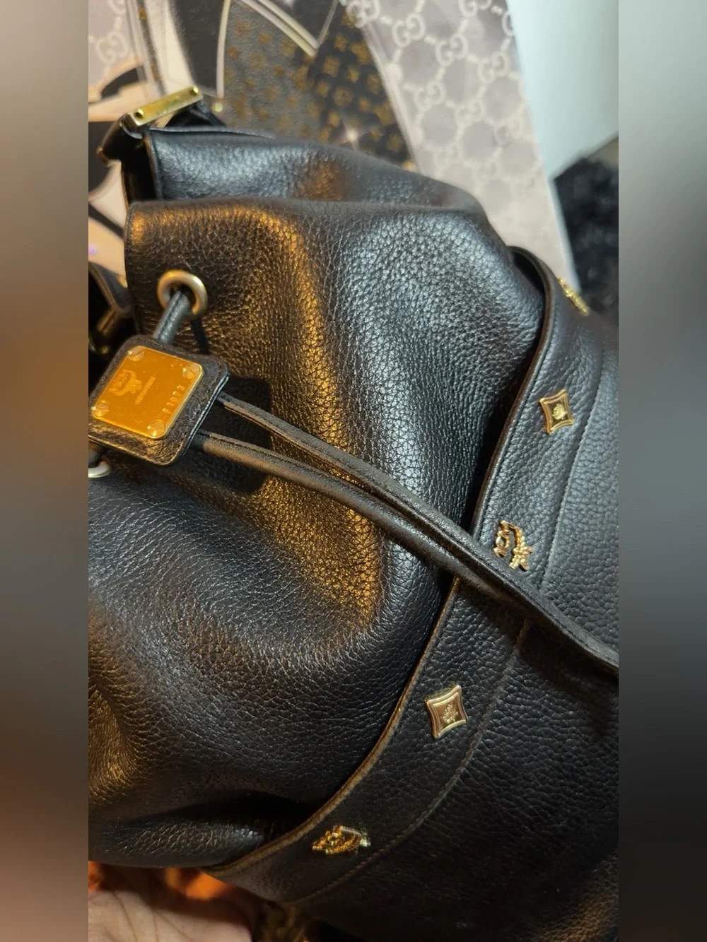 MCM Drawstring Bucket Bag with Gold Accents